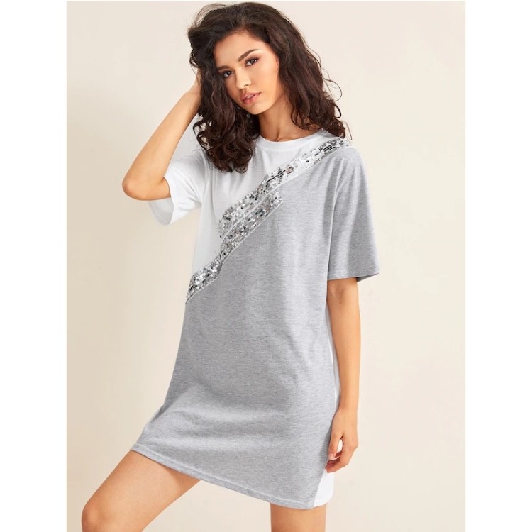 

Mid-length Loose Colorblock T-shirt (Color:Grey White Size:S)