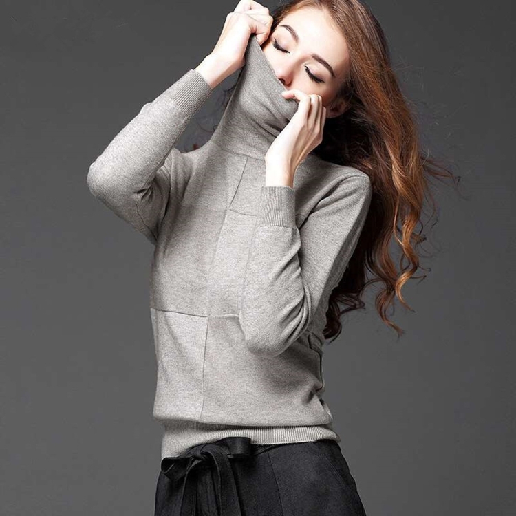 

Women Turtleneck Heap Collar Long Sleeve Bottoming Knit Sweater(Color:Grey Size:One Size)