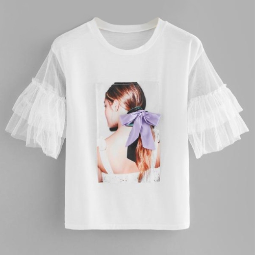 

Patchwork Mesh Stitching T-shirt (Color:White Size:L)