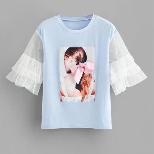 

Patchwork Mesh Stitching T-shirt (Color:Baby Blue Size:M)