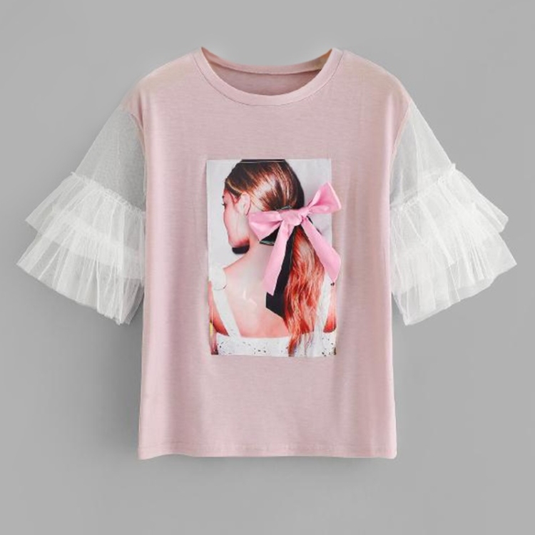 

Patchwork Mesh Stitching T-shirt (Color:Pink Size:M)