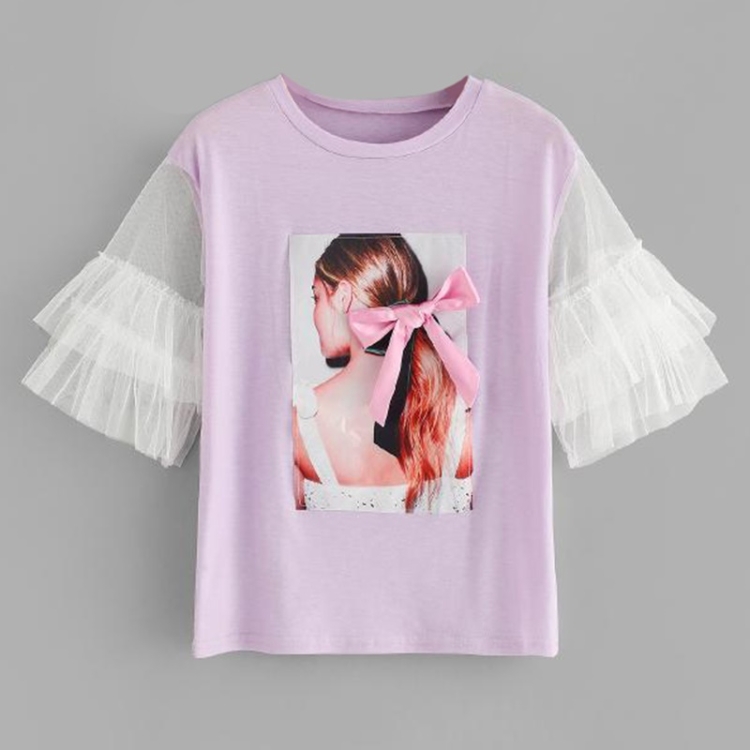 

Patchwork Mesh Stitching T-shirt (Color:Light Purple Size:M)