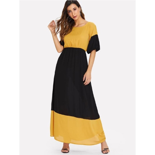 

Individual Colorblock Chiffon Dress (Color:Black Yellow Size:M)