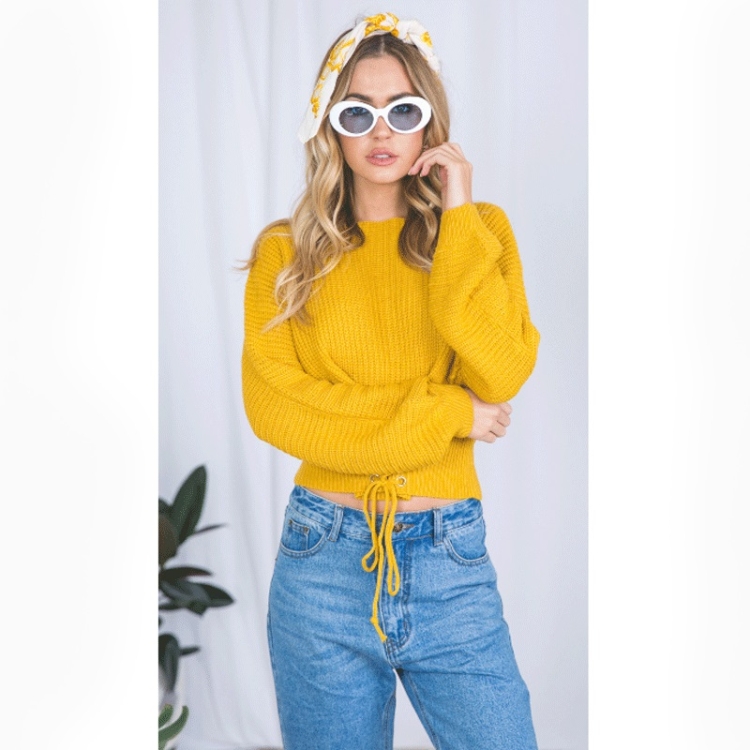 

Slim Cropped Sweater with Belted Knit Sweater(Color:Yellow Size:One Size)