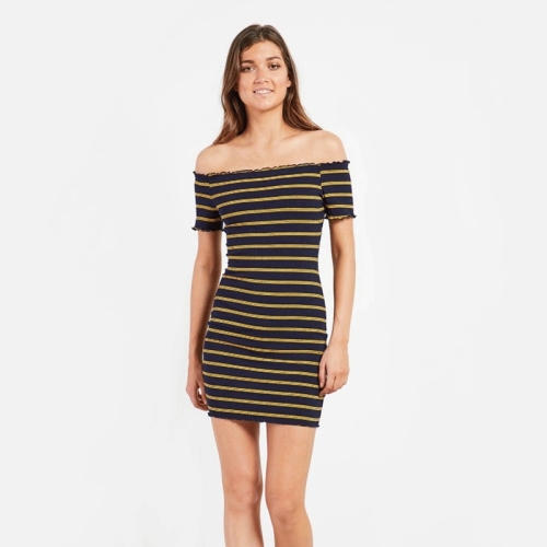 

Short-sleeved Slim-fit Ruffled Stitching Striped Dress (Color:Black Yellow Size:S)