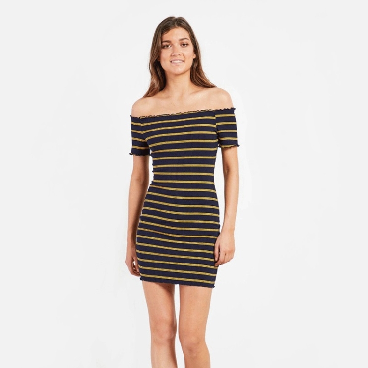 

Short-sleeved Slim-fit Ruffled Stitching Striped Dress (Color:Black Yellow Size:M)