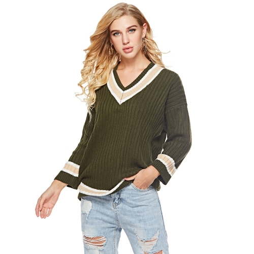 

Women V-Neck Long Sleeve Sweater(Color:Dark Green Size:One Size)