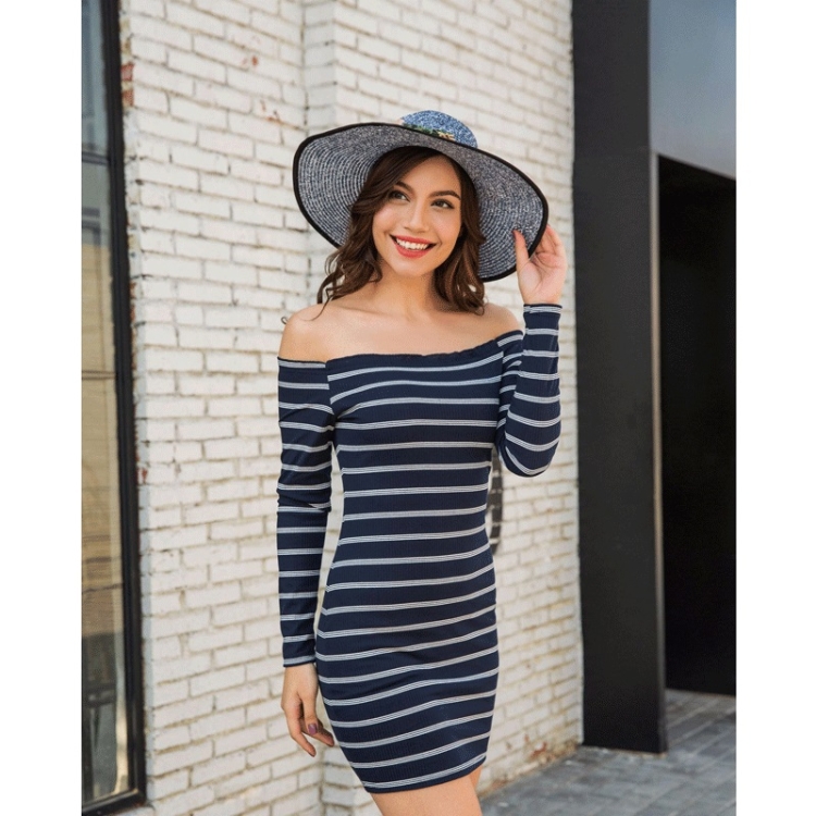 

Off-the-shoulder Long Sleeve Stripes Dress (Color:Blue Size:M)