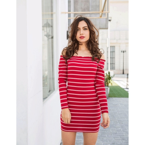 

Off-the-shoulder Long Sleeve Stripes Dress (Color:Red Size:XL)