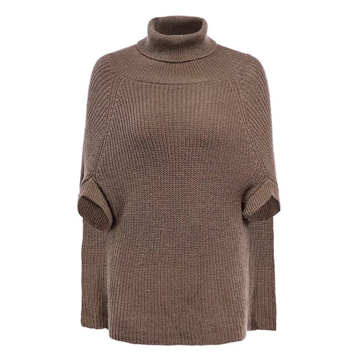 

Women Pure-Color Knit Turtleneck Shawl Sweater (Color:Brown Size:One Size)