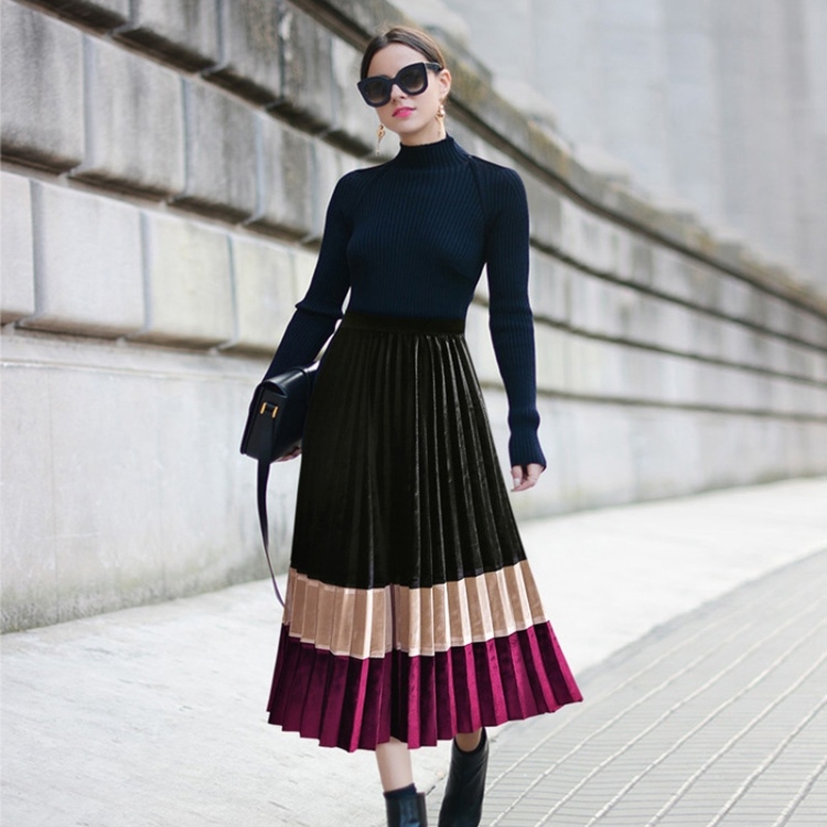 

Women Colorblock Long Pleated Skirt (Color:Red Size:One Size)