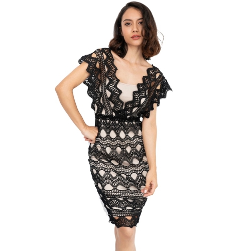 

Sexy V-neck Cutout Lace Dress (Color:Black Size:S)