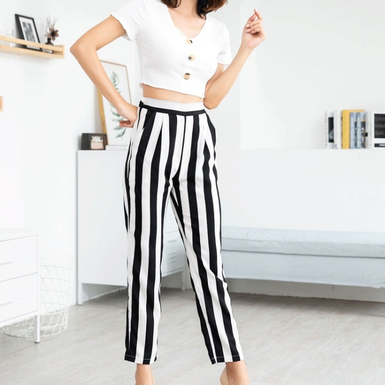 

High-waist Printed Striped Wild Straight Pants (Color:Black White Size:L)