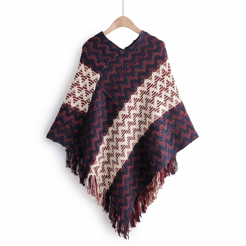 

Plus Size Women Jacquard Fringed Cape Shawl Sweater (Color:Red Size:One Size)