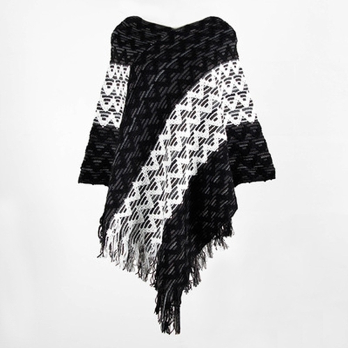 

Plus Size Women Jacquard Fringed Cape Shawl Sweater (Color:Black Size:One Size)