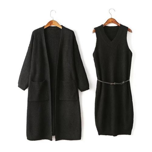 

Women Mid-Length Sweater Coat Sweater Skirt Two-Piece Suit (Color:Black Size:One Size)