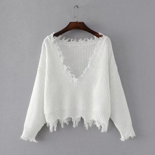 

Women V-Neck Irregular Fringe Long Sleeve Pullover (Color:White Size:One Size)