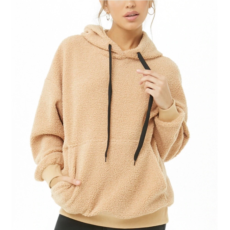 

Plush Hooded Kangaroo Pocket Coat (Color:Apricot Size:S)