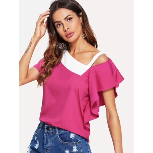 

Colorblock Off-Shoulder Short Sleeve Shirt (Color:Rose Red Size:S)