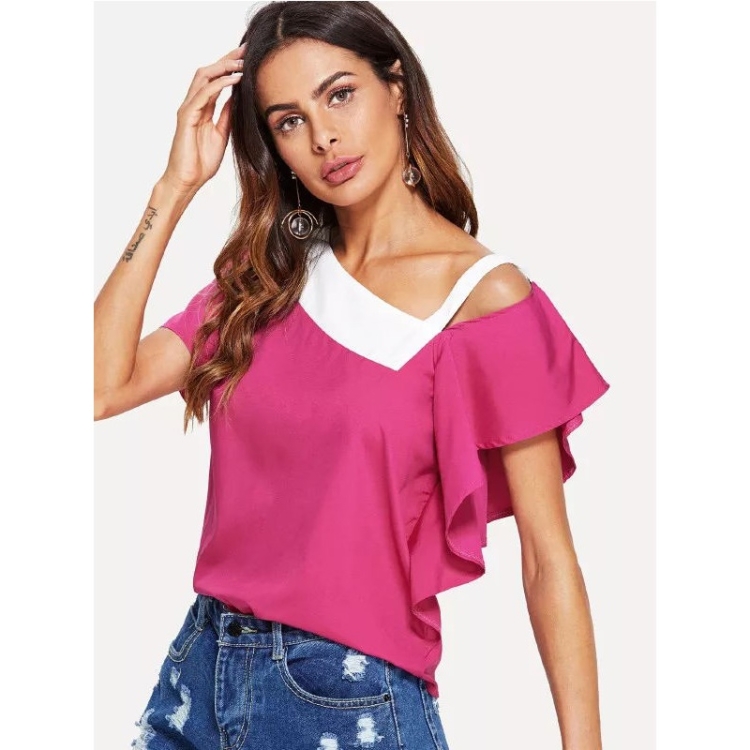 

Colorblock Off-Shoulder Short Sleeve Shirt (Color:Rose Red Size:XL)