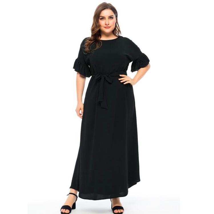 

Plus Size Women Round Neck Loose Belt Dress (Color:Black Size:XXXL)