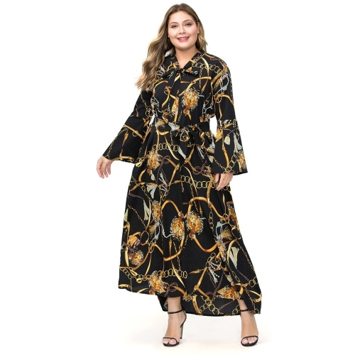 

Plus Size Women Printed Chiffon Long Sleeve Dress (Color:Yellow Size:XXXL)