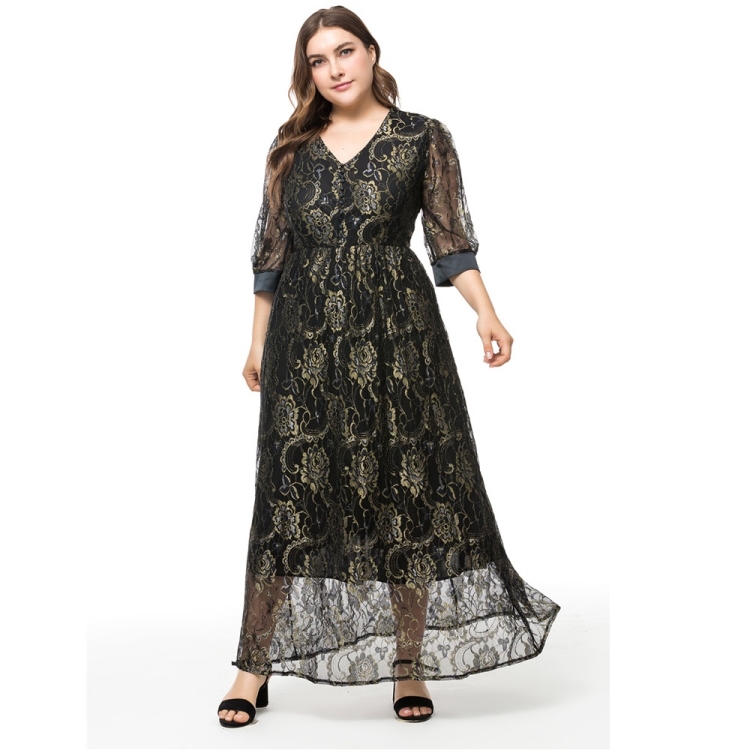 

Plus Size Women Silk-Lined V-Neck Long Sleeve Dress (Color:Black Size:3XL)