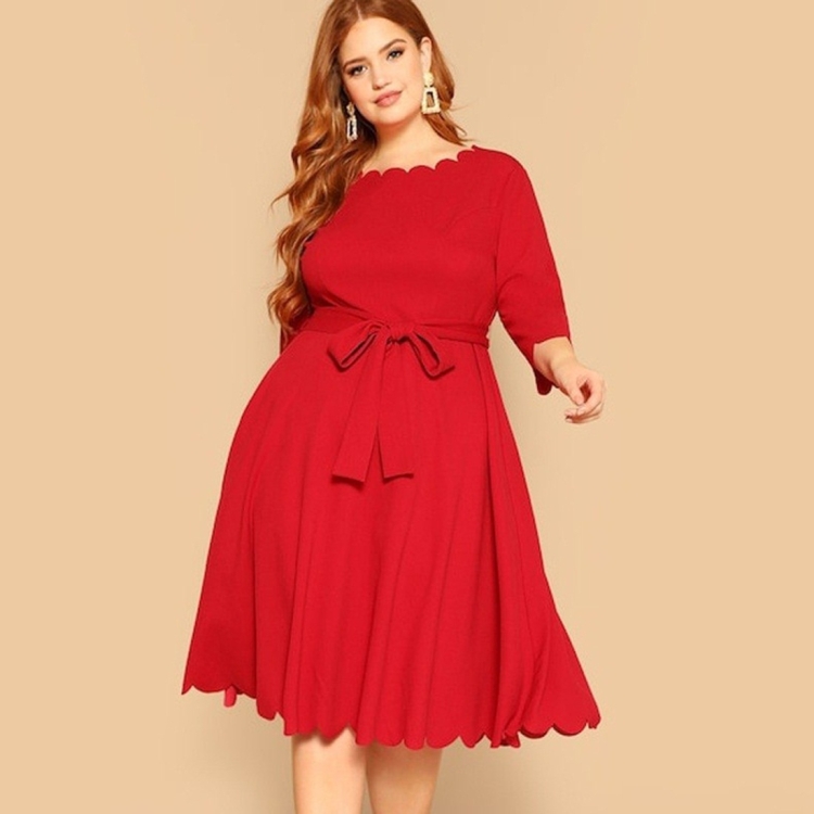 

Plus Size Women Bow Round Neck Burnout Neck Dress (Color:Red Size:XXXL)