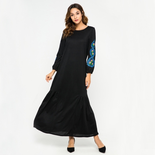 

Women Embroidered Loose Long Sleeve Dress (Color:Black Size:M)