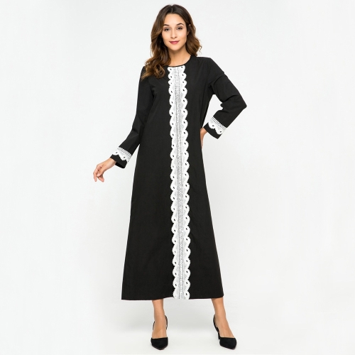 

Women Lace Solid Color Round Neck Long Sleeve Dress (Color:Black Size:M)