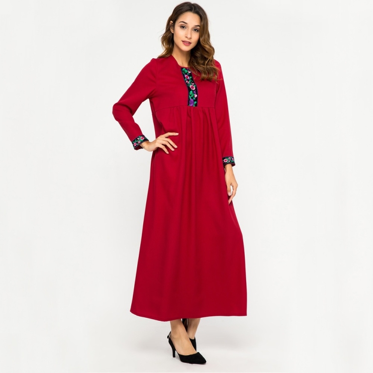 

Women Embroidered Big Sleeve Loose Round Neck Long Sleeve Dress (Color:Red Size:XL)