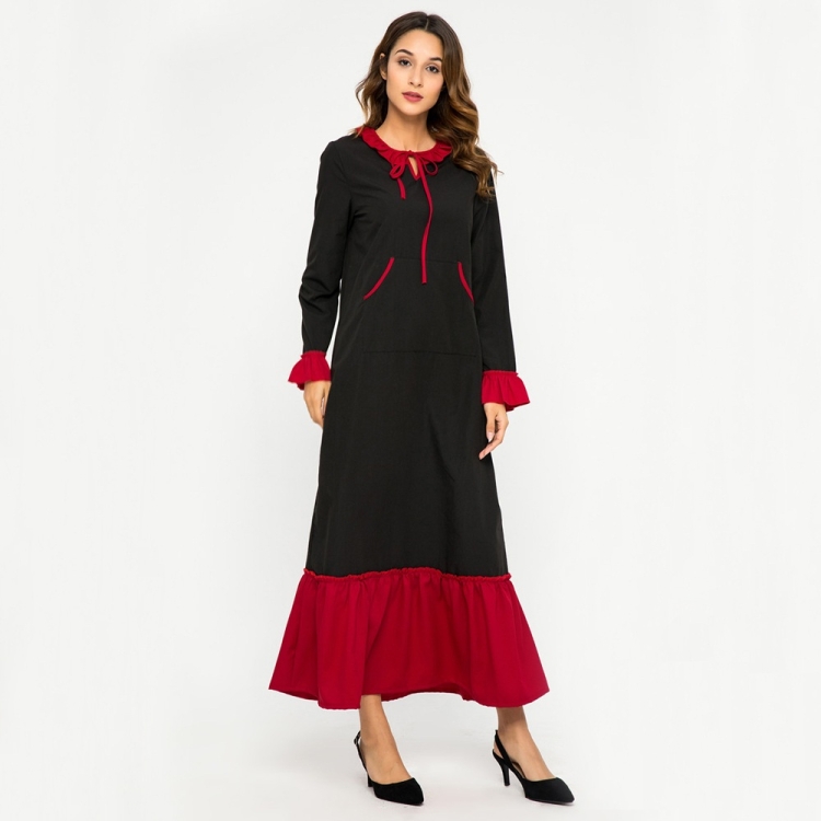 

Women Bow Sleeve Round Neck Lotus Dress (Color:Black Size:L)