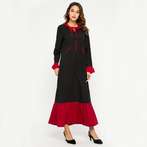 

Women Bow Sleeve Round Neck Lotus Dress (Color:Black Size:2XL)