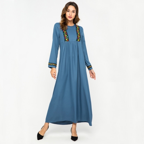 

Women Simple Embroidered Loose Long Sleeve Swing Dress (Color:Blue Size:XL)