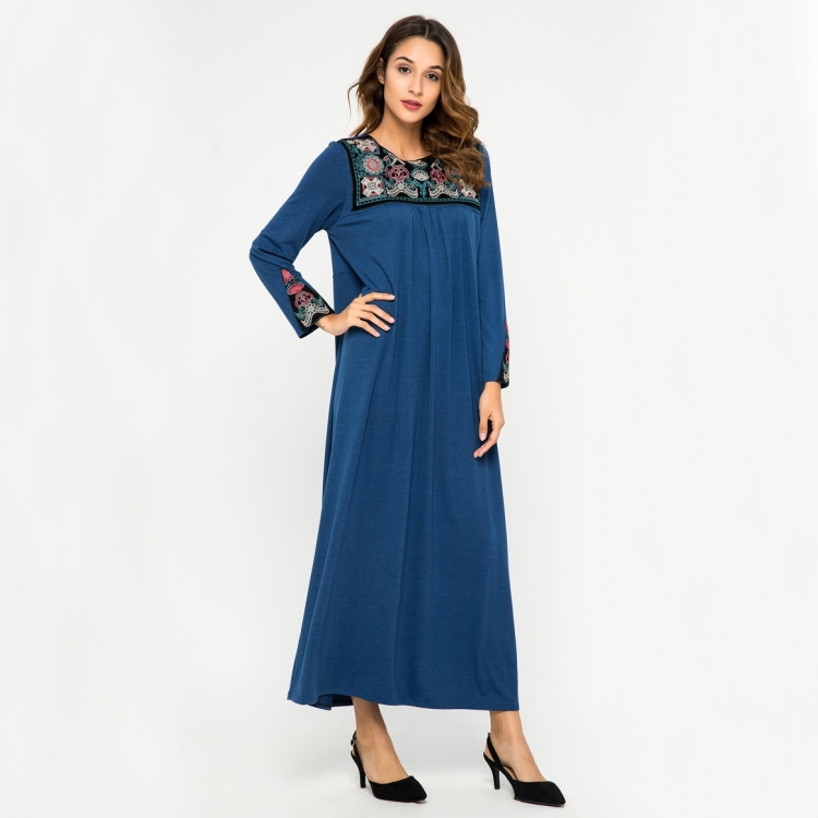 

Women Embroidered Loose Round Neck Long Sleeve Dress (Color:Blue Size:XL)