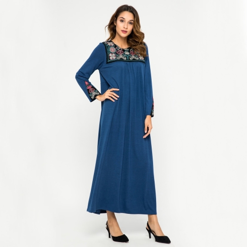 

Women Embroidered Loose Round Neck Long Sleeve Dress (Color:Blue Size:2XL)