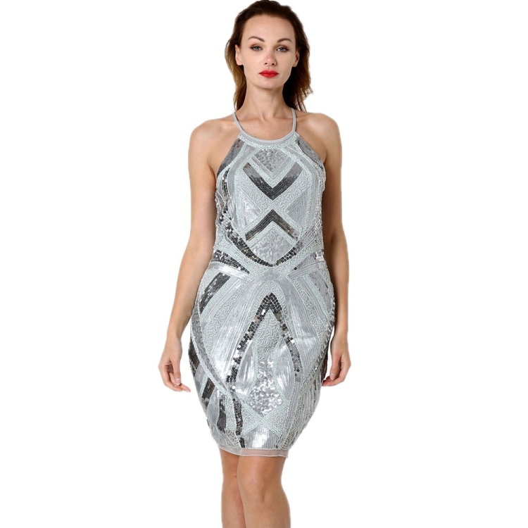 

Women Beaded Sequin Halter Evening Dress (Color:Grey Size:One Size)