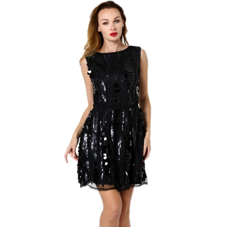 

Women Sequined Round Neck Sleeveless Dress (Color:Black Size:One Size)