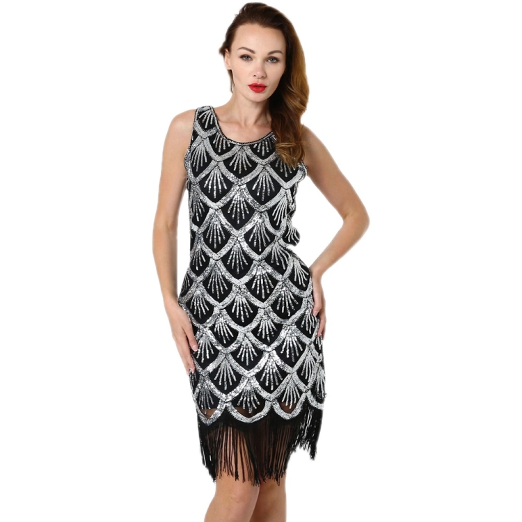 

Women Beaded Fringe Round Neck Dress (Color:Silver Size:One size)