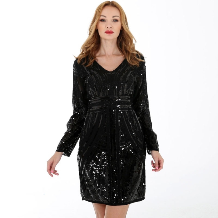 

Women Backless Sequin V-Neck Long Sleeve Dress (Color:Black Size:M)
