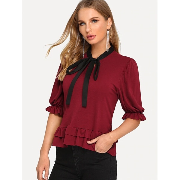 

Loose Wood Ears Short Sleeves (Color:Wine Red Size:S)