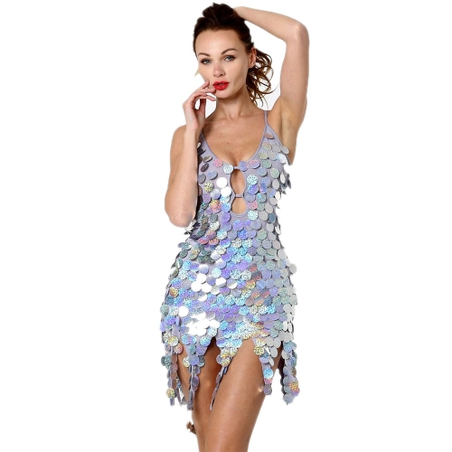 

Women Sequined Latin Dance Dress (Color:Silver Size:One Size)