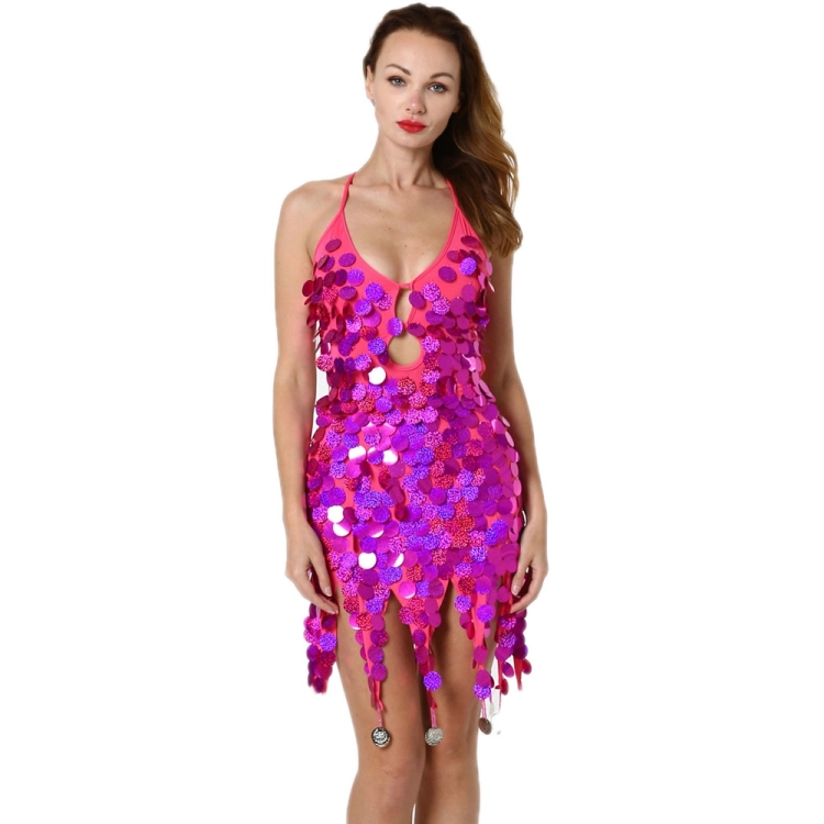 

Women Sequined Latin Dance Dress (Color:Rose Red Size:One Size)