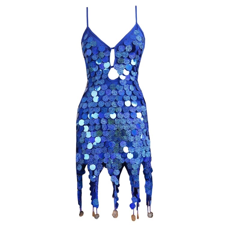 

Women Sequined Latin Dance Dress (Color:Blue Size:One Size)