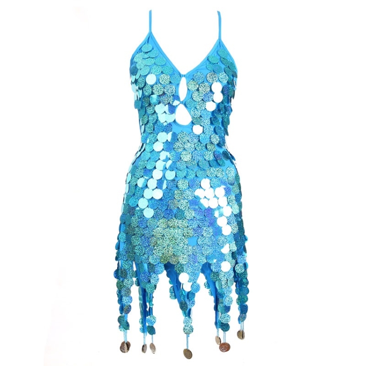 

Women Sequined Latin Dance Dress (Color:Lake Blue Size:One Size)
