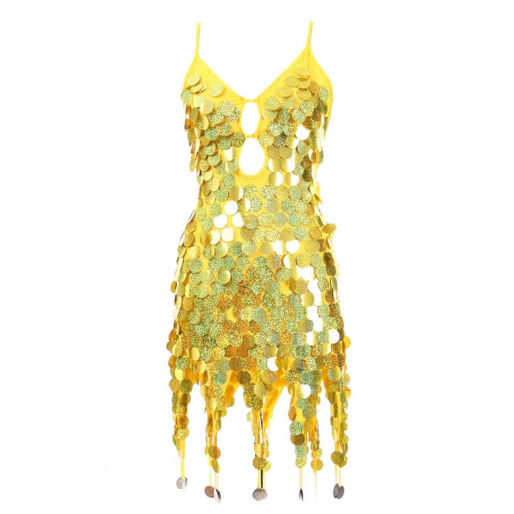 

Women Sequined Latin Dance Dress (Color:Gold Size:One Size)