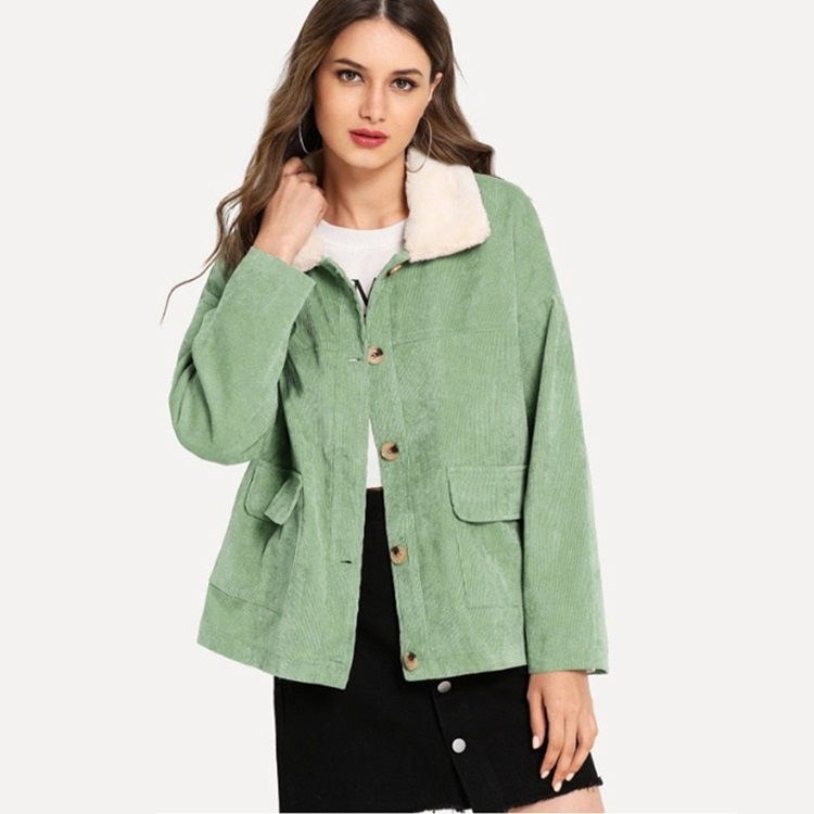 

Fashion Corduroy Fur Collar Coat (Color:Green Size:S)