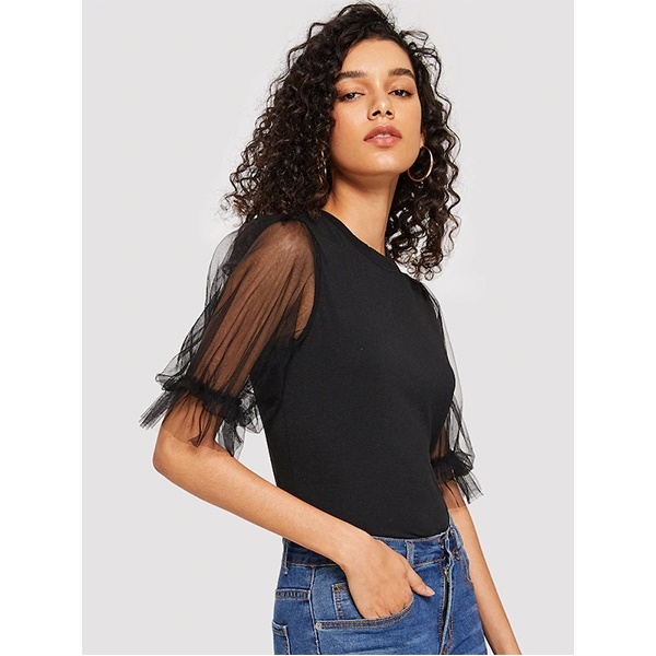 

Sweet Mesh Stitching T-shirt (Color:Black Size:S)