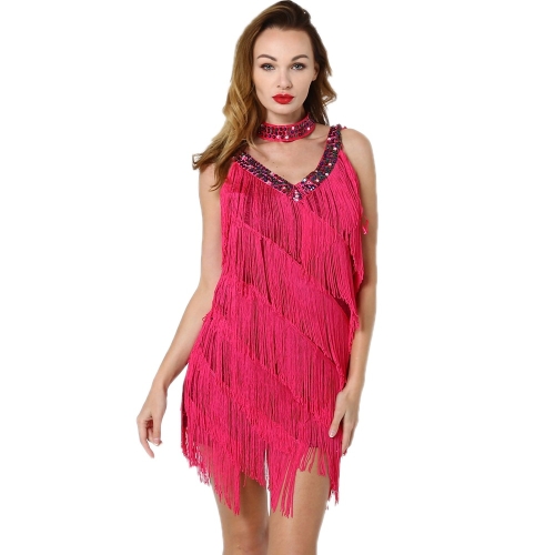 

Women Fringed Sequined Latin Skirt (Color:Rose Red Size:One Size)