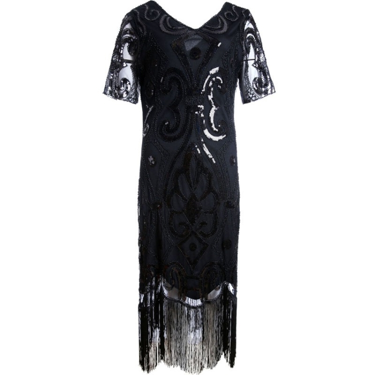 

Women Tassel Sequin Beaded Dress (Color:Black Size:L)